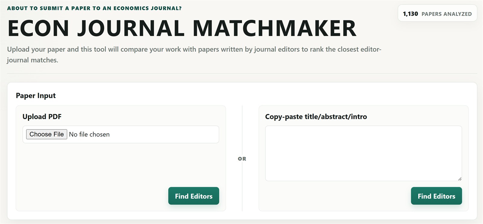 Screenshot of the Econ Journal Matchmaker tool